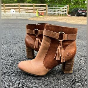 Born Brown Ankle Booties with Tassels and Chunky Heel